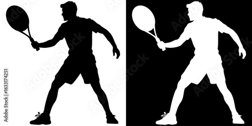Black and white silhouette of a male tennis player holding a racket in a ready pose.