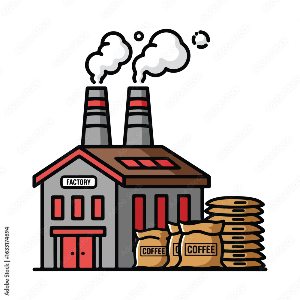 Fototapeta premium Modern coffee factory illustration industrial building coffee production business graphic