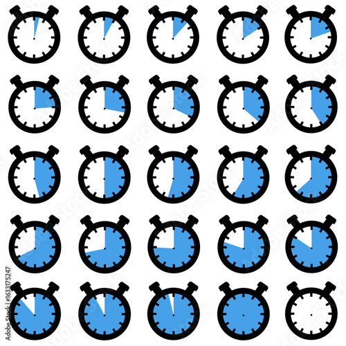 A grid of minimalist stopwatch icons illustrating a complete time interval sequence with a blue progress indicator.