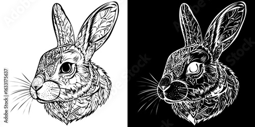 Ornate rabbit head illustration with detailed tribal and floral patterns. Black and white stylized animal portrait.