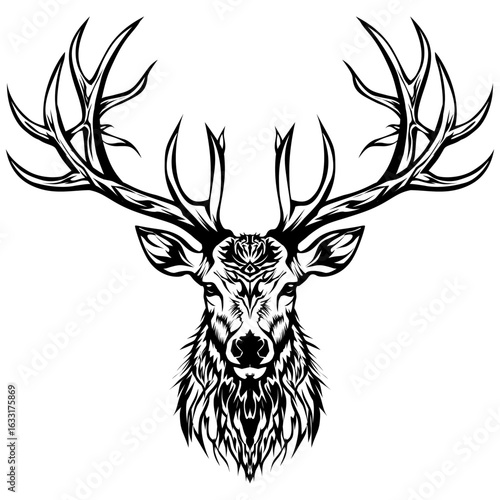 Stylized black and white stag head with large antlers and tribal tattoo markings.