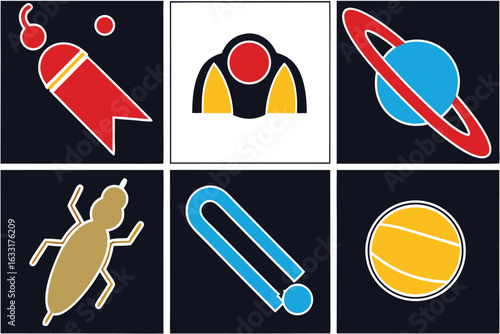 Cosmic rocket planet insect horseshoe ball icons set of saturn