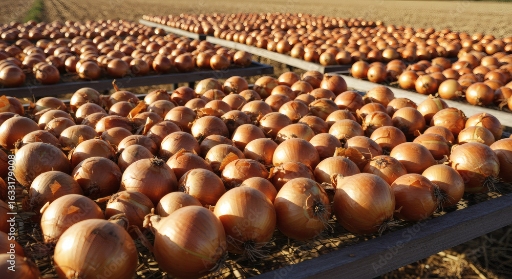 Obraz premium Rows of golden onions drying on racks in an open field during the autumn harvest season