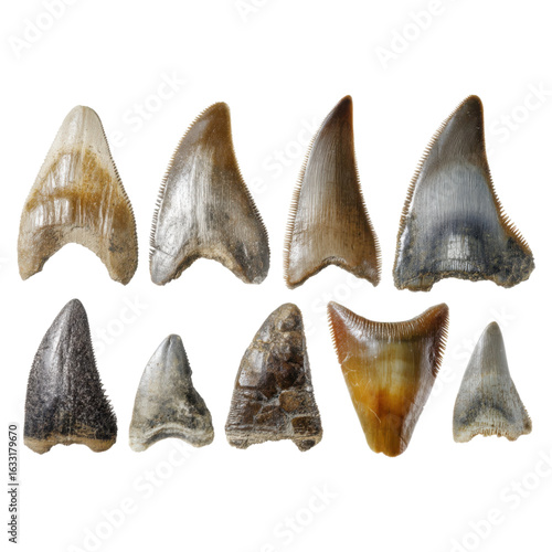 Collection of Various Prehistoric Shark Teeth Fossils on White Background