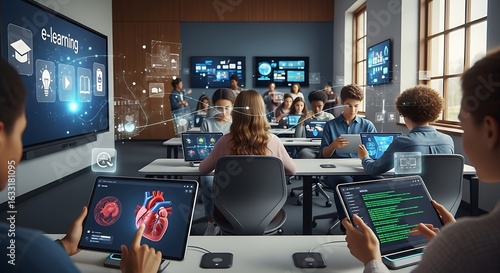 Students using tablets in a classroom with e learning displayed on a large screen and digital overlays