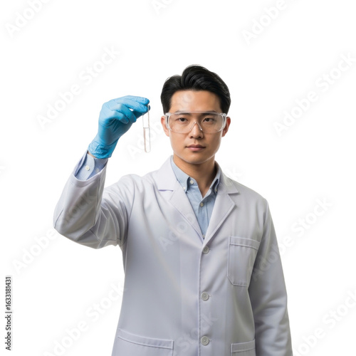 Male scientist in a lab coat and gloves holding up a test tube with a liquid sample for analysis.