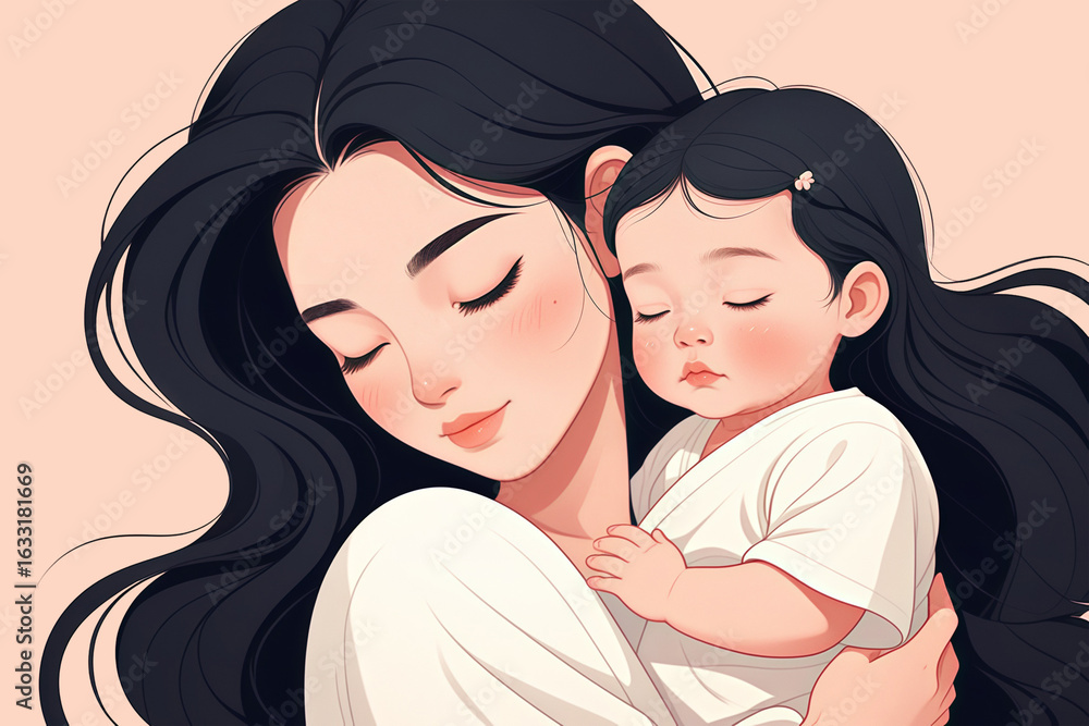 Obraz premium Illustration of a mother hugging her baby in a mother-and-child scene