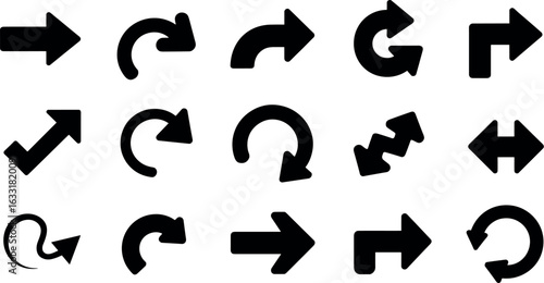 Collection of diverse black arrows showing directional movement and navigation concepts on a white background