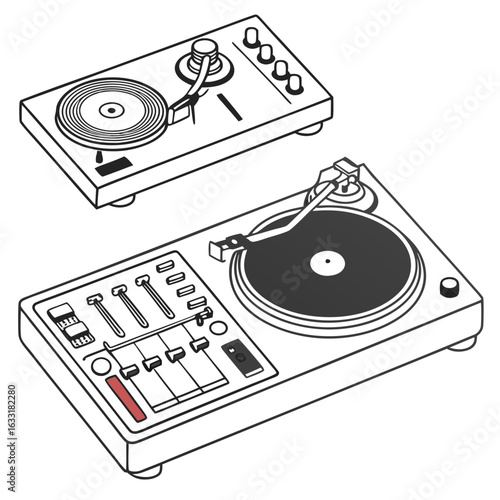 Two isometric drawings of vintage record players with integrated mixers.