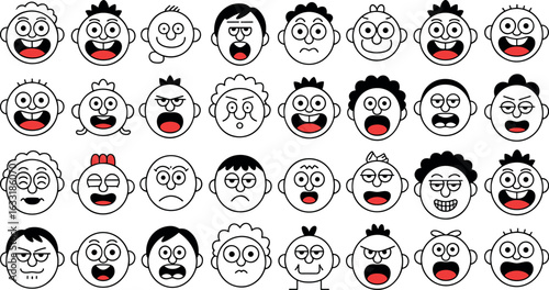 A diverse collection of cartoon faces expressing a wide range of exaggerated emotions and reactions
