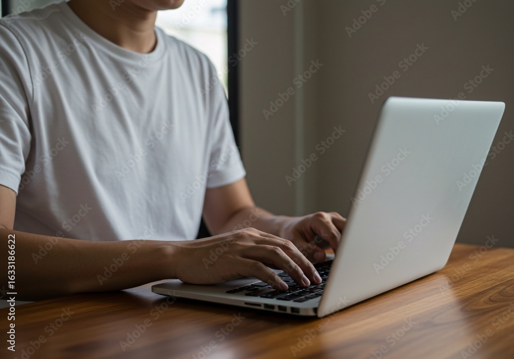 Fototapeta premium A man using and typing keyboard of laptop computer communicates on internet technology with paperwork on office desk. Workplace, Businessman professional busy working on new job project idea.