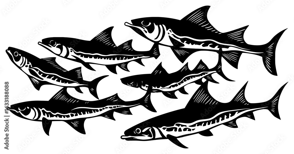 Obraz premium Group of Barracuda Silhouettes Hunting in Formation