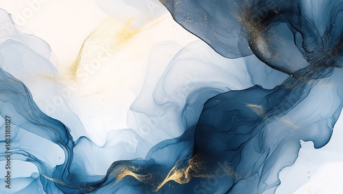 A close-up of an abstract painting with swirling patterns in blue, white, and black, resembling flowing watercolors and fluid shapes. The background is neutral or light-colored to highlight