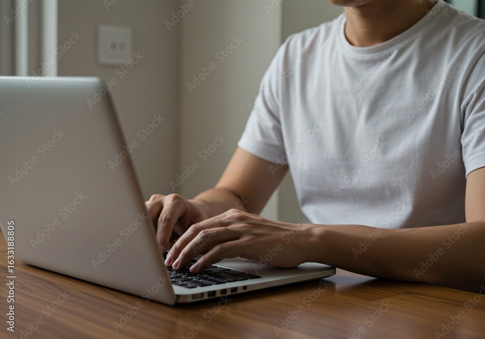 Fototapeta premium A man using and typing keyboard of laptop computer communicates on internet technology with paperwork on office desk. Workplace, Businessman professional busy working on new job project idea.
