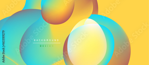 Abstract fluid shapes overlap, creating vibrant color gradients. Yellow background complements blue, orange hues. Minimalist text reads background design.