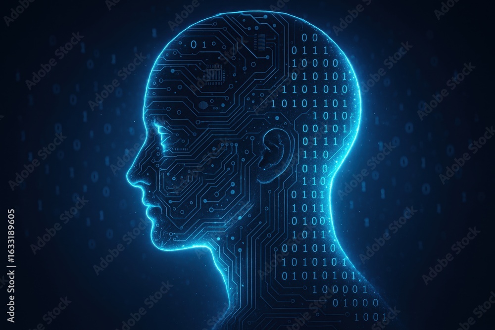 Obraz premium Cybernetic Mindscape: A luminous depiction of a human silhouette interwoven with intricate circuit patterns and binary code, symbolizing the fusion of artificial intelligence and human consciousness.
