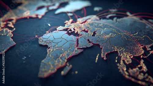 Abstract 3D gold continents with data streams