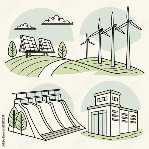 Renewable Energy Sources – Flat Style Vector Illustration of Sustainable Power Solutions