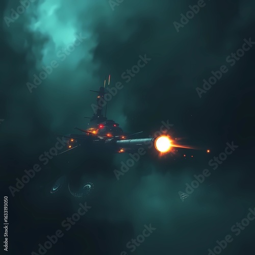 Eerie, creepy atmosphere. Creative light art depicts a warship firing a railgun. Artistic lighting, abstract patterns, and dark tones create an unsettling scene