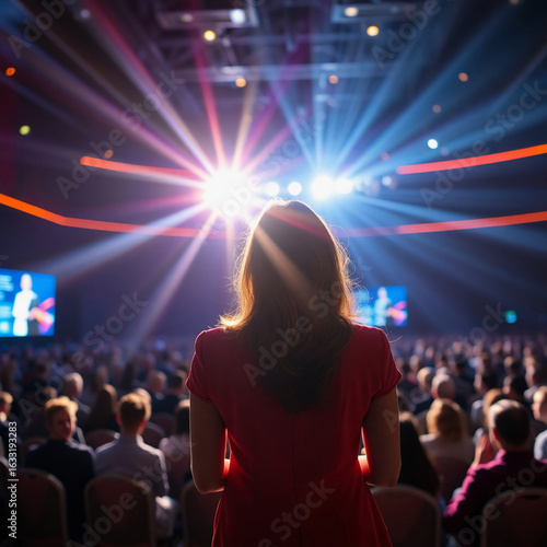 Wallpaper Mural Epic, modern, future scene. Bright lens flare illuminates a back view of a woman moderating a product presentation in a grand audience room. Light streaks, vibrant colors, heroic scale. Torontodigital.ca