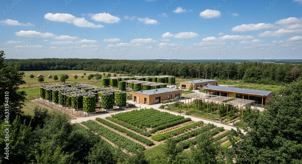 Naklejka premium Aerial view of a modern farm with buildings, vegetable gardens, orchards, and surrounding forest under a blue sky with scattered clouds.