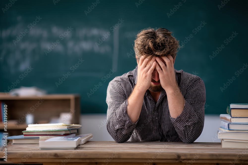 Obraz premium Overworked and frustrated teacher sitting at desk with head in hands, crying and looking dejected after making mistake in classroom