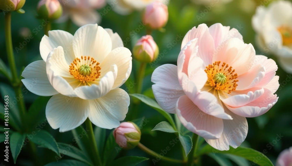 Fototapeta premium Creamy peonies, delicate anemones, lush foliage, floral design, white