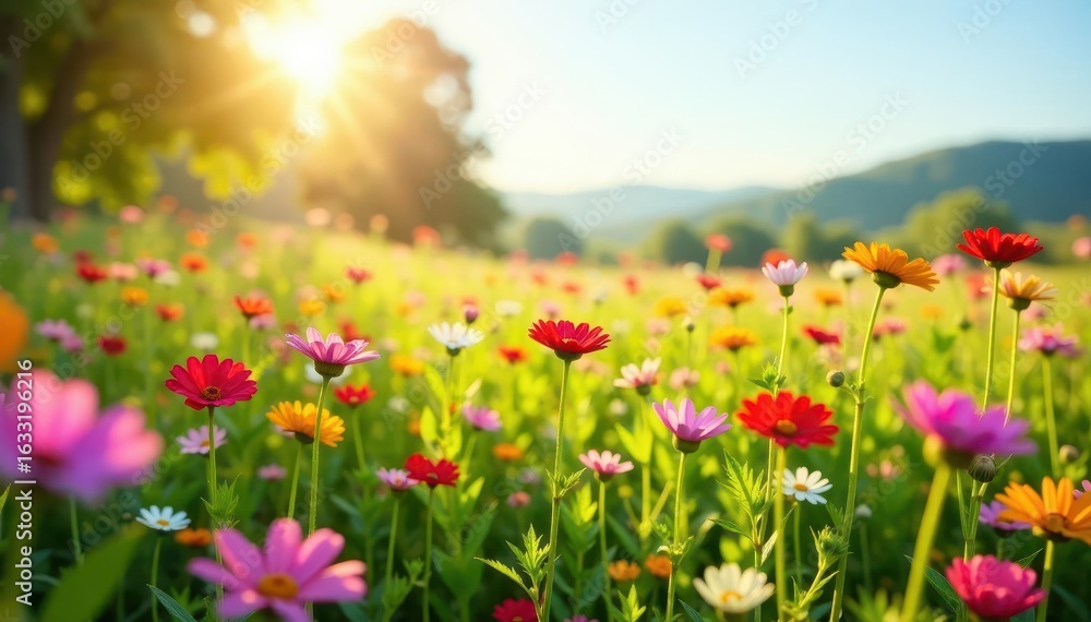 Obraz premium Sunlit field bursting with diverse wildflowers, sunlight, background