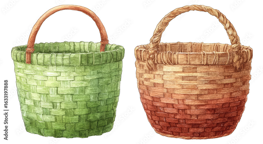 Obraz premium Two hand-woven baskets, one green, one brown-tan, with handles