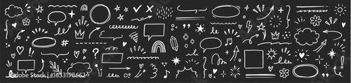 Line brush heart vector set on chalkboard. Hand drawn sketch doodle style arrow, cloud, star with marker stroke pencil highlight. Cute handwritten crown, heart, star line shapes. Vector illustration
