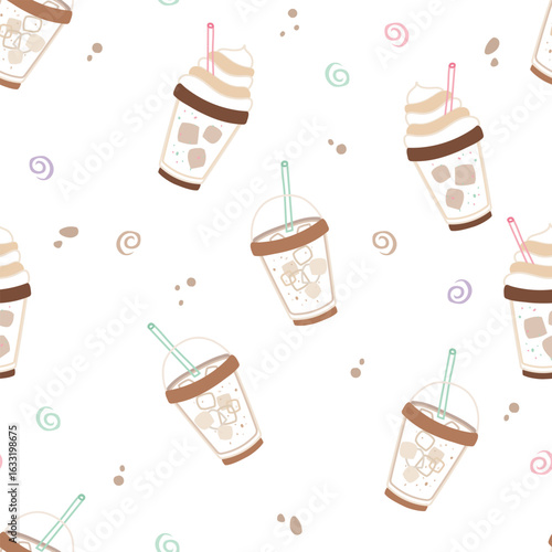 Playful seamless outline pattern featuring iced coffee drinks frappes and lattes with whipped cream and decorative swirls. Ideal for cafe branding, packaging and sweet designs
