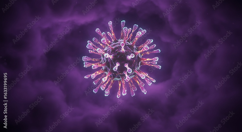 Obraz premium Detailed Microscopic View of a Coronavirus Particle, COVID-19 Virus Rendering in a Purple Cloud Background, Virus Cell Close-Up Illustration