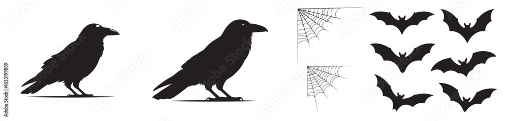 Obraz premium A halloween themed image featuring silhouettes of ravens, bats, and corner spider webs on white