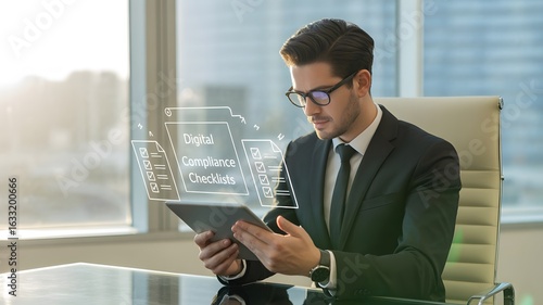 Businessman using tablet for digital compliance checklists in modern office setting near window