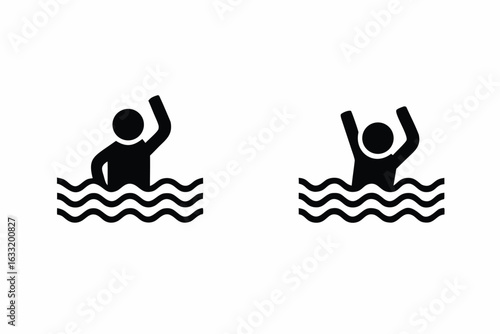 Drowning person icon set swimmer in distress calling for help