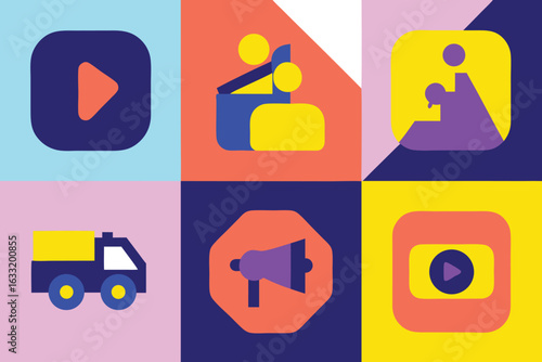 Vibrant geometric icons pack featuring play button truck megaphone and people silhouettes set of awesome icons pack download