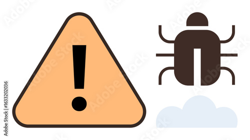 Exclamation mark in triangle next to bug above cloud signifies software issues, malware, or data risks. Ideal for cybersecurity, alert systems, technology issues, troubleshooting, programming, IT