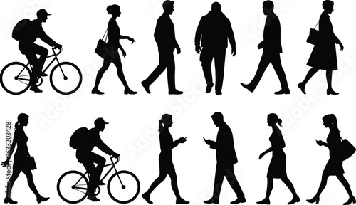 Silhouettes of people walking, cycling, commuting, using smartphones, everyday city lifestyle, urban transportation, business attire, casual pedestrians, isolated figures
