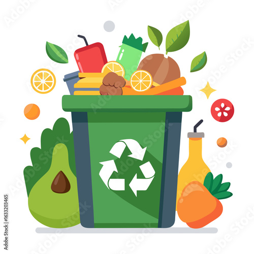 Vector Illustration of Recycling Bin with Food Scraps for Food Waste Reduction