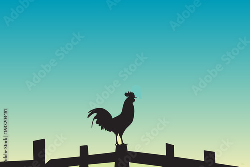 Rooster Crowing on Fence at Dawn Silhouette with Gradient Sky Background