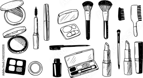 Hand-drawn collection of various makeup and cosmetic products, including brushes, lipsticks, compacts, and palettes, in a black and white sketch style.