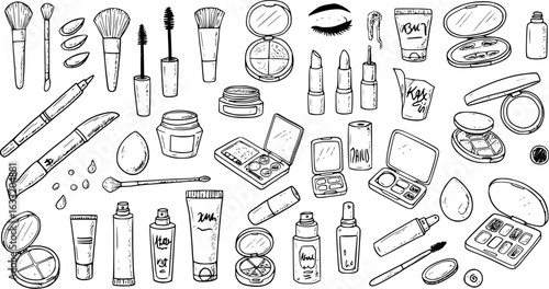 Detailed hand-drawn collection of beauty and makeup essentials: brushes, palettes, lipsticks, mascaras, and skincare products in a black and white doodle style.