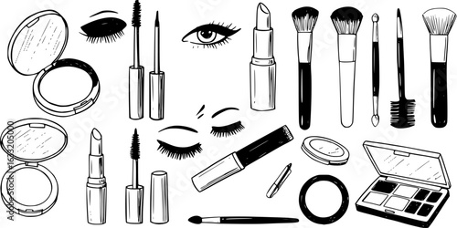 Hand-drawn collection of beauty and makeup essentials, including cosmetic brushes, lipstick, mascara, eyeshadow palettes, and compact powder, isolated on white.