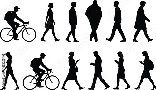 Silhouette illustration of people walking, cycling, using phones, everyday street activity scene, urban lifestyle, city commuters, vector on white background