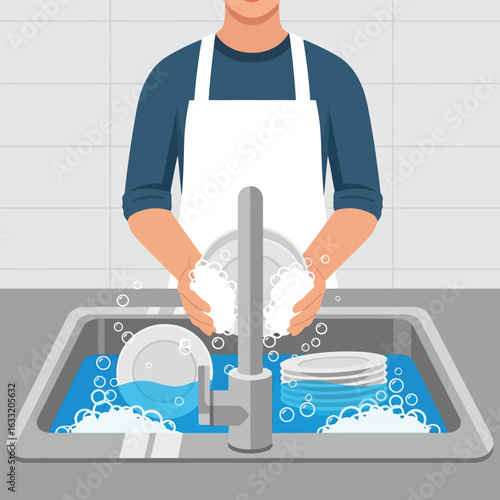 Person Washing Dishes in Sink with Soap and Water at Home