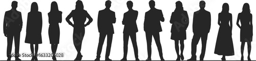 Silhouettes of diverse business people team, standing in row, professional attire, corporate group concept, isolated on white background illustration
