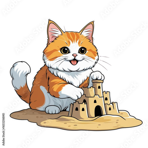 Cute Persian-Scottish Fold cat building a sandcastle