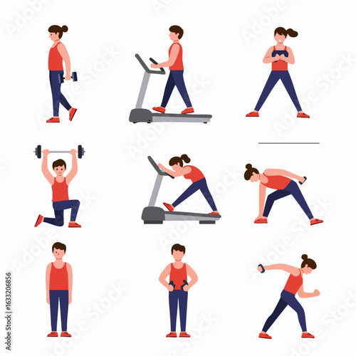 Flat vector illustrations depicting various fitness exercises including weightlifting, cardio, and stretching, showcasing healthy and active lifestyles for men and women.