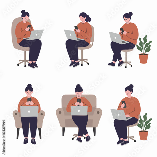 Woman working remotely using laptop and phone in various comfortable settings, illustrating modern digital lifestyle and flexible work.