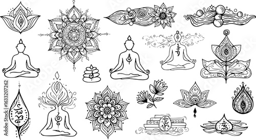 Detailed Line Art Set: Yoga, Meditation, Spiritual Symbols, Buddha Figures, Lotus Flowers, Mandalas  Zen Elements.
